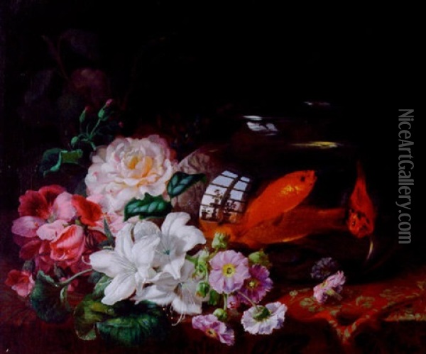 Still Life Of A Bowl Of Goldfish, Pelargoniums, Roses, Amaryllis And Other Flowers Oil Painting - Jean-Baptiste Robie