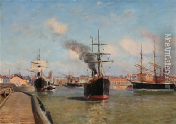 Havnemotiv Fra Antwerpen Oil Painting - Johannes Martin Grimelund