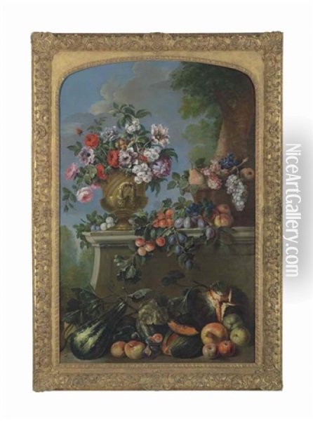 Roses, Peonies And Other Flowers In An Urn, Grapes And Peaches In A Basket On A Ledge, With Further Overflowing Fruit Oil Painting - Pierre Nicolas Huilliot