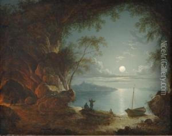 Figures In A Moonlit Cove Oil Painting - Sebastian Pether