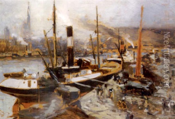 Schiffe Am Quai Oil Painting - Eugene Louis Gillot