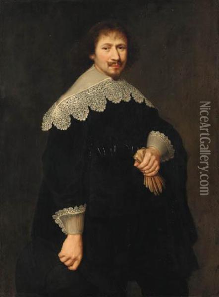Portrait Of A Gentleman, Aged 34, Three-quarter-length, In Blackcostume Oil Painting - Jan Anthonisz Van Ravesteyn