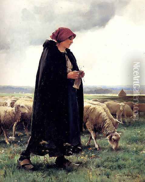 A Shepherdess With Her Flock I Oil Painting - Julien Dupre