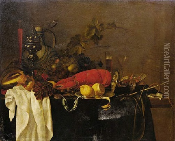 A Still Life With A Lobster, Fruit, Lemons, A Porcelain Jug, Pewter Vessels And A Wine Glass, On A Table Draped In Green Velvet Oil Painting - Jan Davidsz De Heem