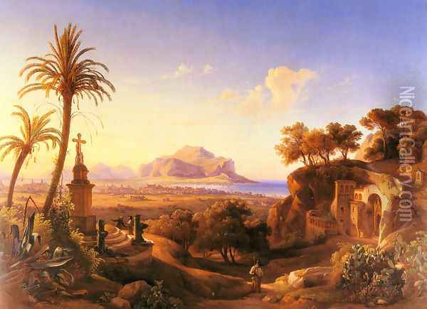 Figures before a Shrine with a view of Palermo beyond Oil Painting - Johann George Gmelin