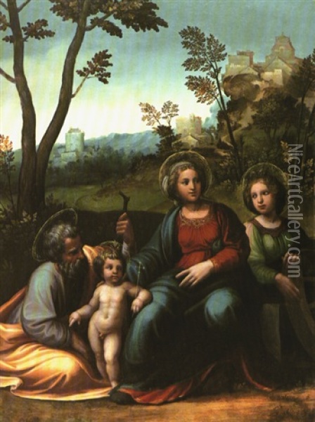 Die Heilige Familie Mit Der Heiligen Katharina In Landschaft Oil Painting - Girolamo da Treviso the Younger