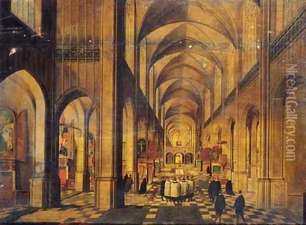A view in a Gothic Church looking East with a service taking place at an altar on the left and a choir singing in the nave Oil Painting - Peeter, the Elder Neeffs