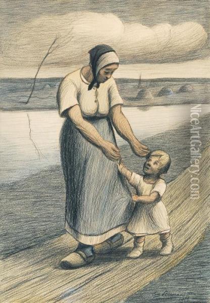 Mother And Child - Mere Et Enfant (1916) Oil Painting - Eugene Laermans