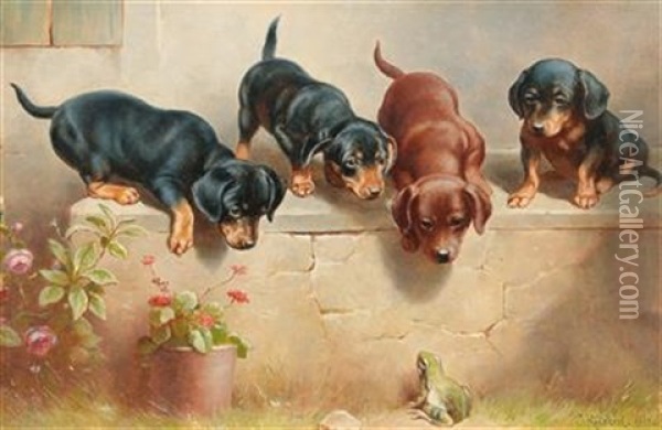 Curious Dachshund Puppies And A Frog Oil Painting - Carl Reichert