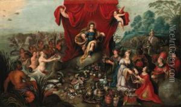 Apollo Enthroned, Presented With The Gifts Of The Continents Andoceans Oil Painting - Hans III Jordaens