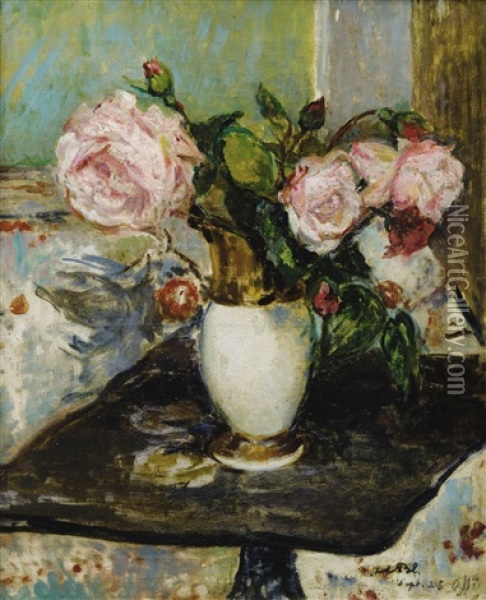 Flowers In A Vase Oil Painting - Jacques-Emile Blanche