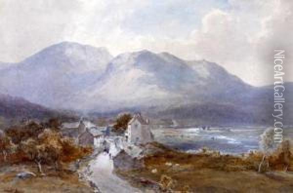 'near Windermere', A Village In A Mountain Lake Landscape Oil Painting - Edward Tucker
