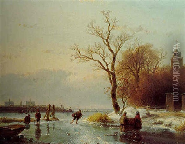 A Winter Landscape With Skating Figures Oil Painting - Andreas Schelfhout