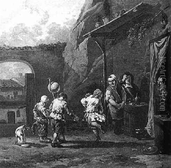 Peasants Dancing Outside A Tavern Oil Painting - Karel Dujardin