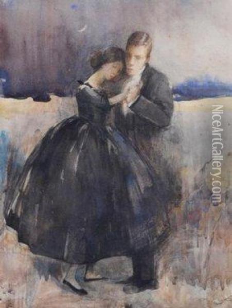 A Young Couple In Evening Dress Dancing Under A New Moon Oil Painting - Madeline Green