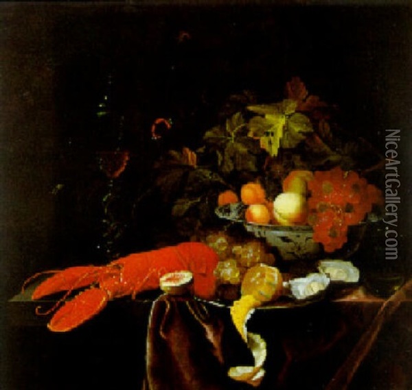 Stilleben Mit Fruchten In Einer Mingschale, Einem Hummer Und Einem Weinglas Auf Einem Tisch Oil Painting - Johannes Borman