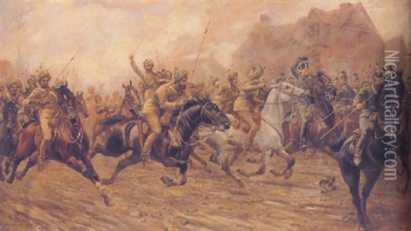 The Charge Of The Bengal Lancers At Neuve Chapelle, September 1914 Oil Painting - George Derville Rowlandson
