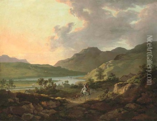 Mountainous Lake Landscape With Figures On A Horse On A Path In The Foreground And Boats On The Lake Beyond Oil Painting - William Ashford