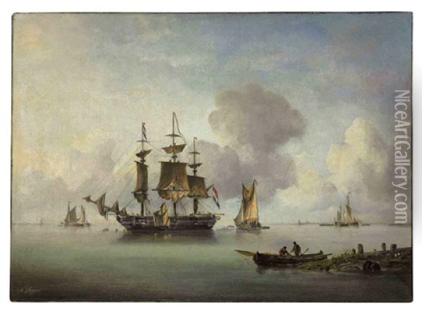 Ships In A Calm Bay Oil Painting - Ary Pleyssier