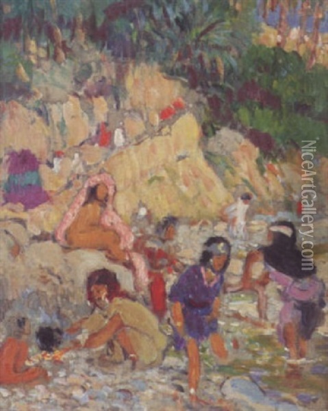 Lavandieres Dans L'oued De Bou Saada Oil Painting - Alphonse Etienne Dinet