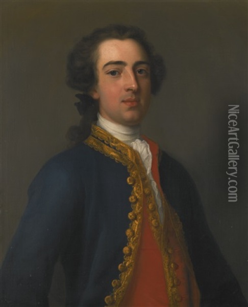 Portrait Of A Gentleman, Half-length, In A Blue Coat And Red Waistcoat With Gold Brocade Oil Painting - Enoch Seeman