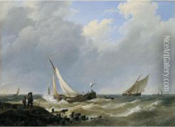 Boats In Stormy Seas Oil Painting - Johannes Hermanus Koekkoek