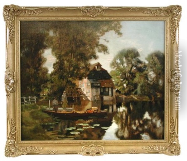 Houghton Mill, Huntingdon, With A Couple Punting In The Foreground Oil Painting - John Lochhead
