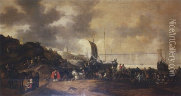 Le Debarquement Des Voyageurs Sur Une Plage Hollandaise Oil Painting - Hendrick De Meijer