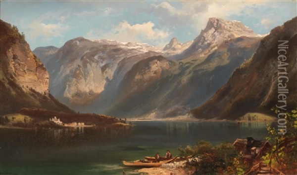 View Of The Hallstatter See With Schlos Grub In The Background Oil Painting - Ferdinand Feldhuetter