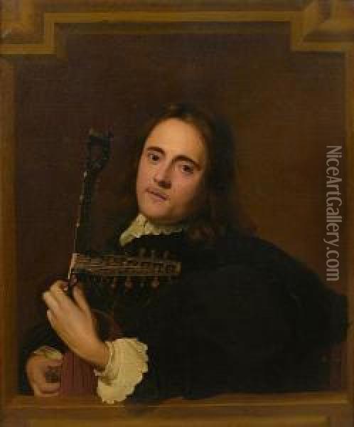 A Young Man At A Stone Window Playing A Theorbo-lute Oil Painting - Jacob Cornelisz Van Oostsanen