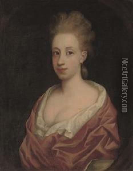 Portrait Of A Lady, Bust-length, In A White Dress And Pink Wrap, In A Feigned Oval Oil Painting - Richardson. Jonathan