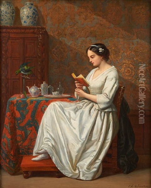 Jeune Femme A La Lecture Avec Son Perroquet Oil Painting - Charles Augustin Wauters