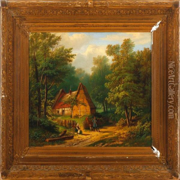 A Landscapescenery With Persons And A Dog Oil Painting - Marianus Adrianus Koekkoek