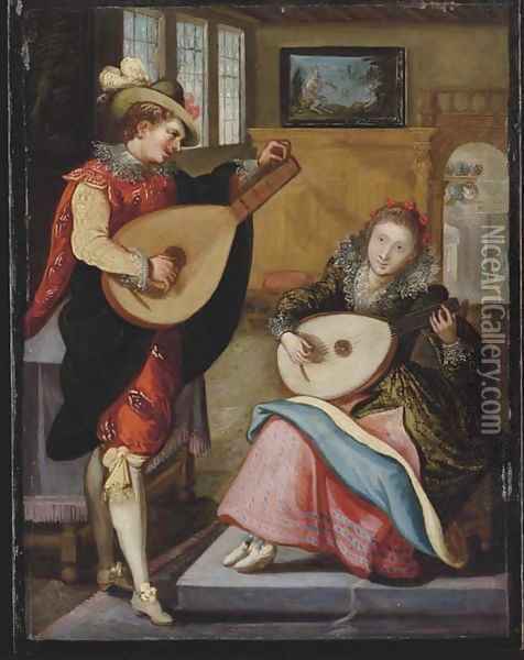 A couple playing the lute in an elegant interior Oil Painting - Louis de Caullery