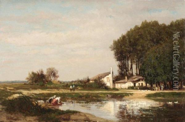 Lavandieres Pres De La Ferme Oil Painting - Emile Charles Lambinet