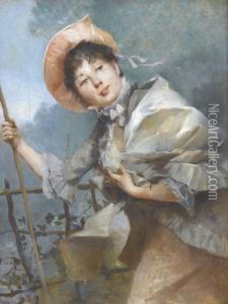 Junge Frau Mit Rosafarbenem Hut Und Stock Oil Painting - Auguste Emile Pinchart