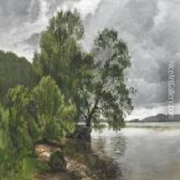 Lake Scenery From Jul Sowith Heavy Clouds Oil Painting - Janus Andreas La Cour