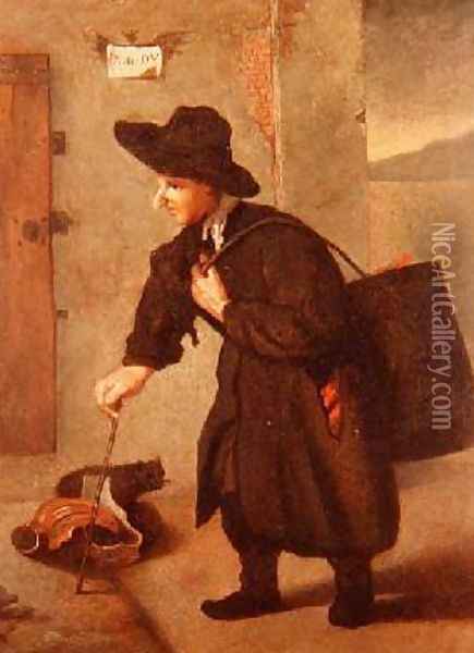 A pedlar carrying a brazier by a townhouse landscape beyond Oil Painting - Pietro Longhi