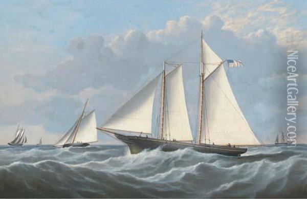 The Schooner Yacht America To Windward Of Other Competitors Oil Painting - John Hughes