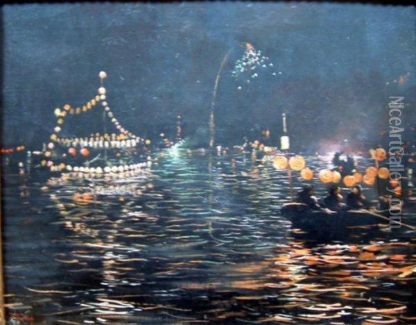 Chinese Harbour At Night With Lanterns And Fireworks Oil Painting - Ferdinand Joseph Gueldry