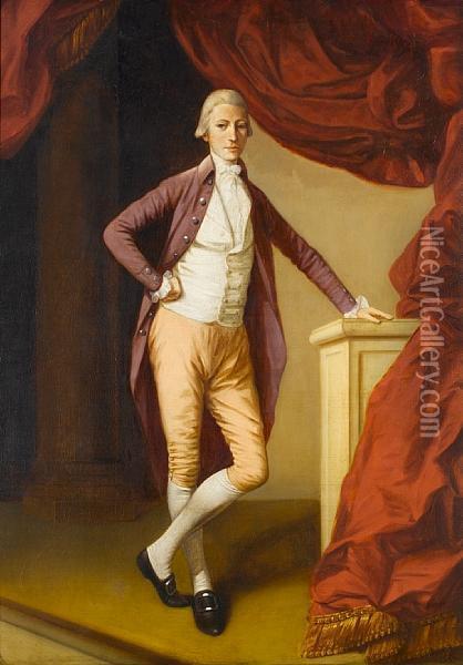 Portrait Of A Young Man, 
Full-length, In Acrimson Coat And A White Waistcoat, Leaning On A Stone 
Plinth Oil Painting - Johann Zoffany