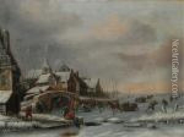 Hollandische Winterlandschaft 
Miteingefrorenem Stadtbild Und Reicher Figurenstaffage Beim Eislauf Oil Painting - Jan Miense Molenaer
