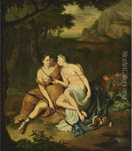 Diana And Callisto In A Classical Landscape With A King Charles Spaniel Oil Painting - Willem van Mieris