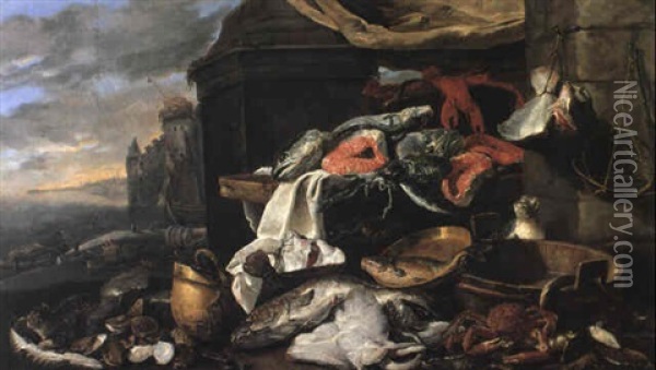 Fish, Oysters And Other Seafood With A Cat At The Base Of A Column Oil Painting - Jan Fyt
