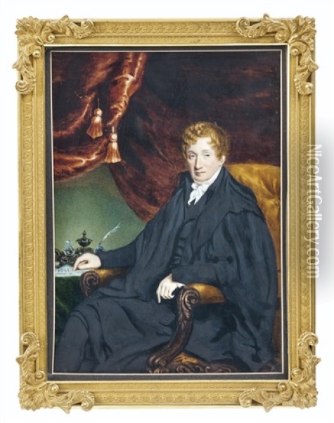 Portrait D'un Homme Assis Sur Une Chaise Dans Un Interieur Vert Avec Un Rideau Rouge Oil Painting - William John (Sir) Newton