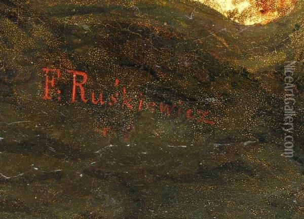 Bewaldete Flusslandschaft Mit Anglern, Bauern Und Kahn Im Vordergrund Oil Painting - Franciszek Ruskiewicz