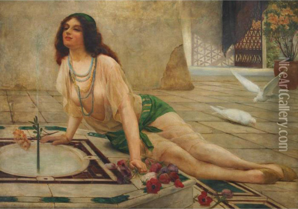 Harem Girl At A Fountain Oil Painting - Delapoer Downing