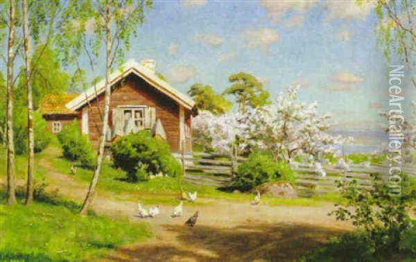 Sommaridyll Med Blommande Appeltrad Oil Painting - Johan Fredrik Krouthen