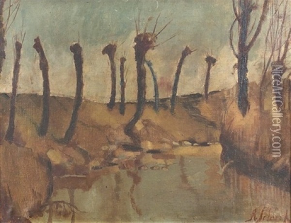Flussuferlandschaft Mit Gestutzten Weiden Oil Painting - Johann Robert Schuerch