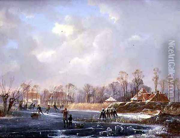 Landscape with Figures on a Frozen River Oil Painting - Hendrik Gerrit ten Cate